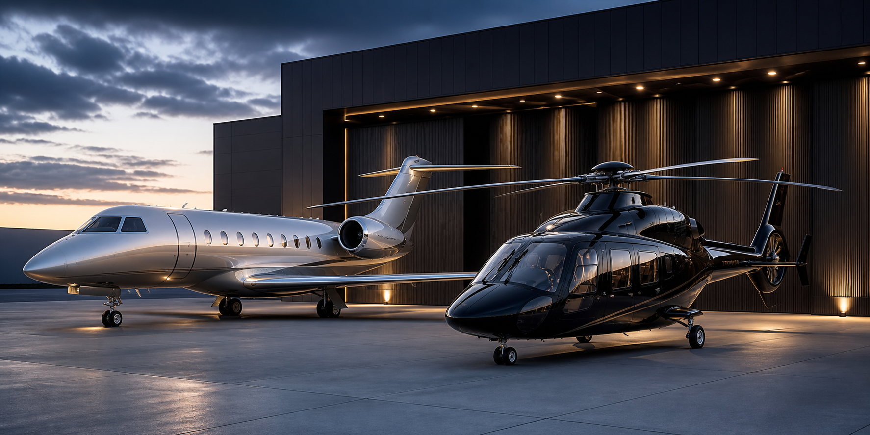 Executive private jet and twin-engine helicopter outside a premium hangar