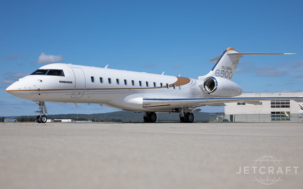 Bombardier Global 6500 business jet on an airport apron